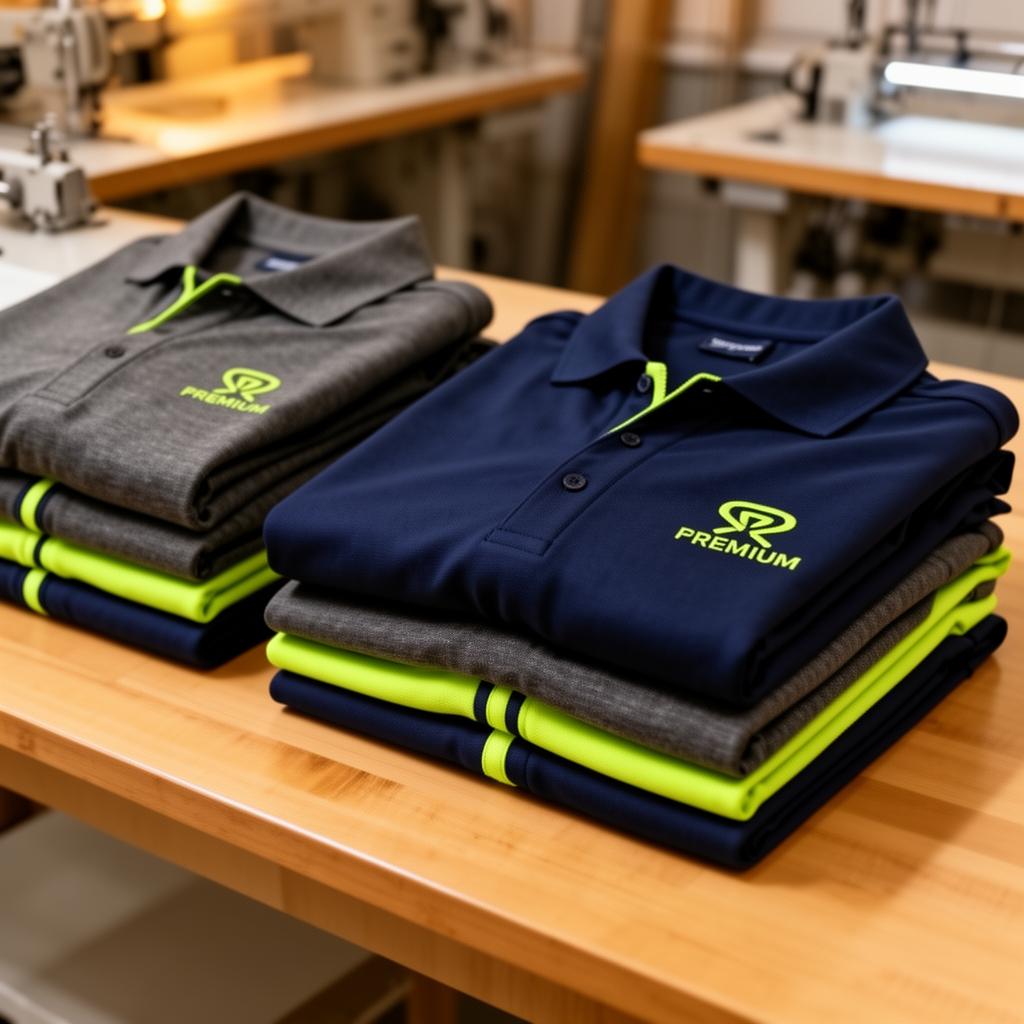 Stack of folded branded polos in corporate colours on a workshop table