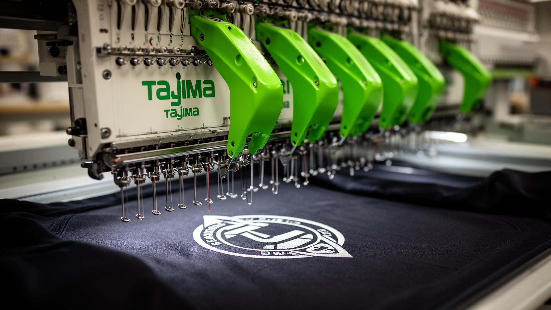 Tajima multi-head embroidery machine stitching a logo on navy fabric in the Jordal workshop
