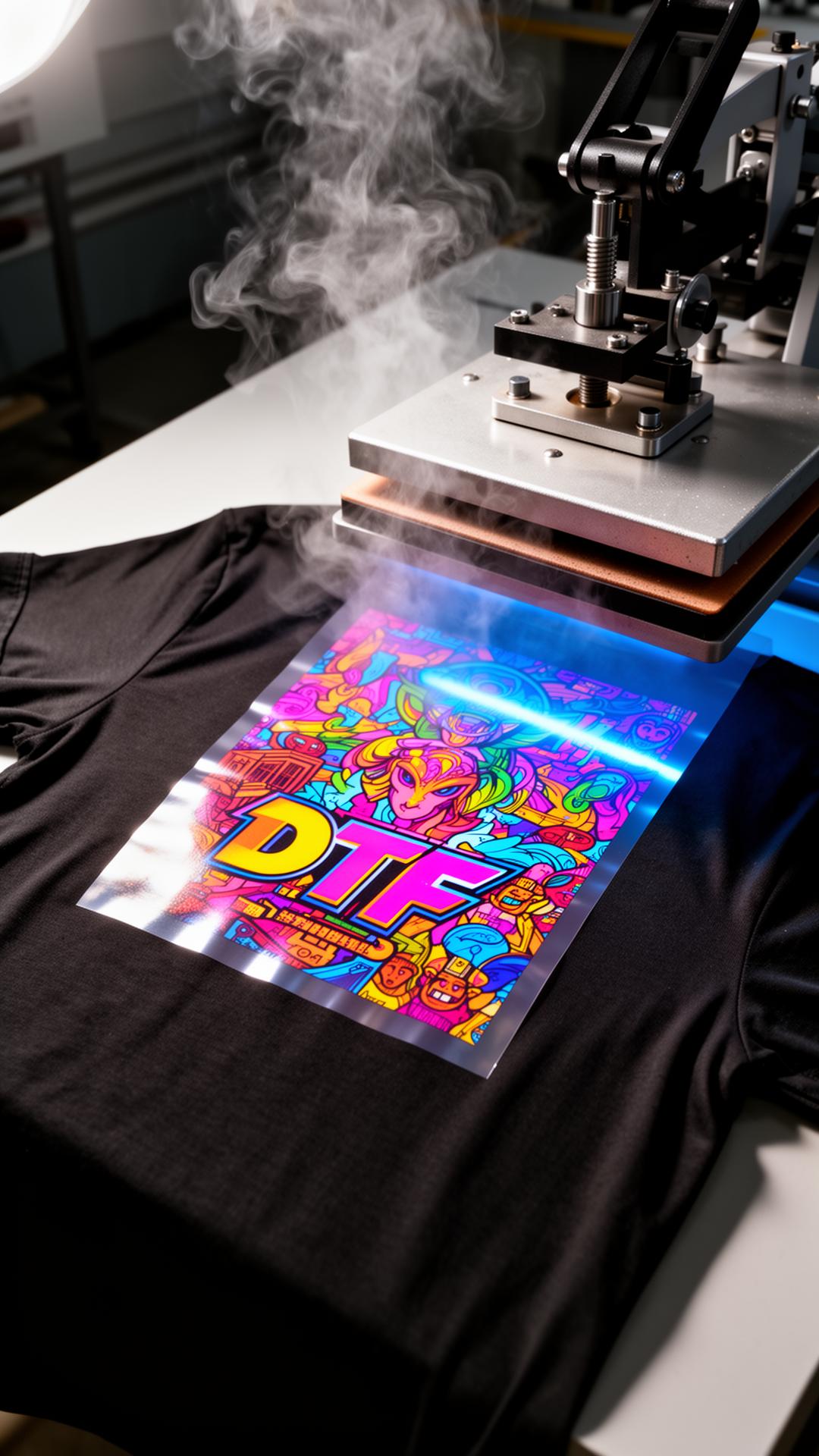 DTF transfer being heat pressed onto a black t-shirt