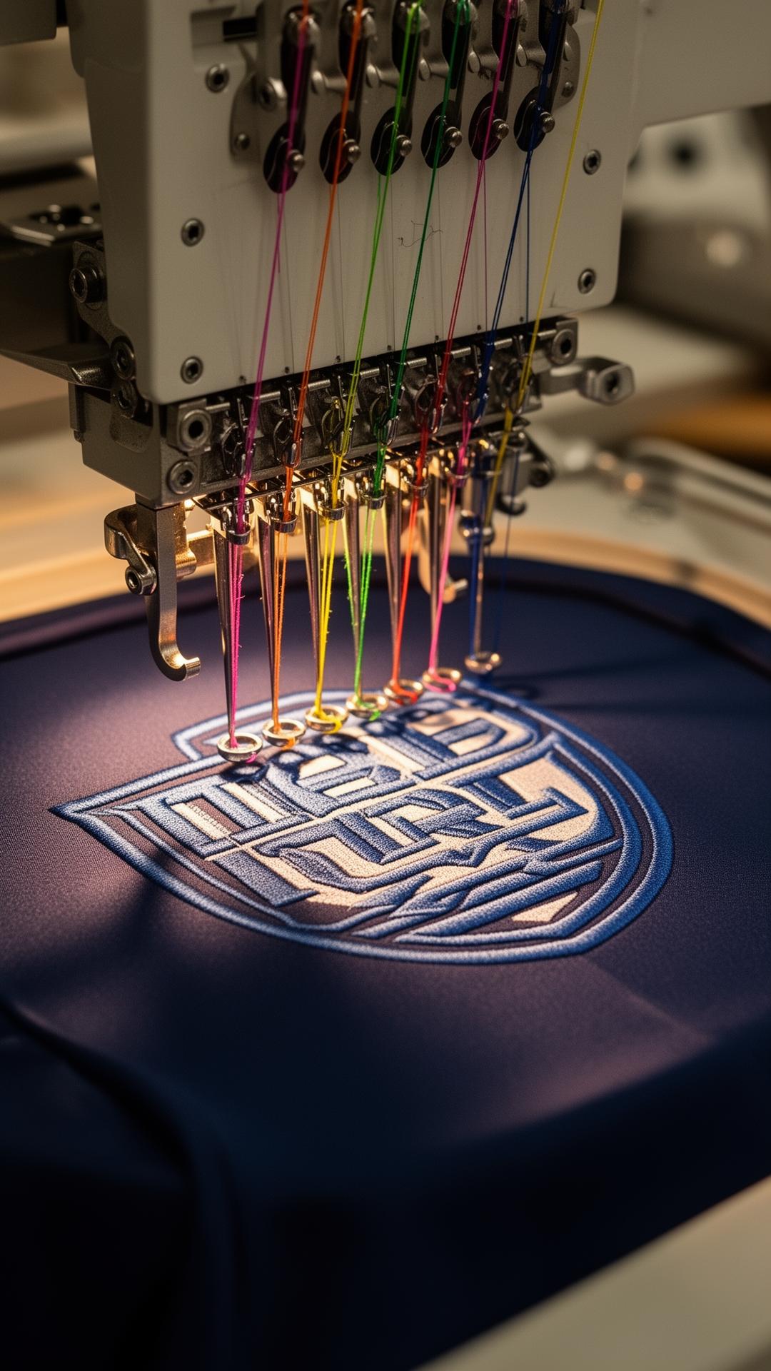 Multi-color embroidery machine stitching a logo on navy fabric