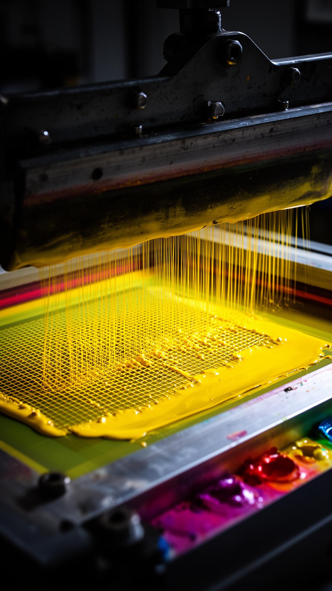 Yellow ink being pushed through a silkscreen mesh in a Jordal workshop