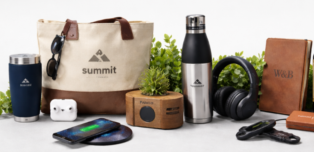 Curated branded promotional items on a charcoal background